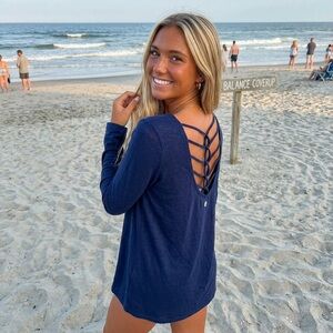 Navy Long Sleeve Strappy Back workout cover up. Size medium.